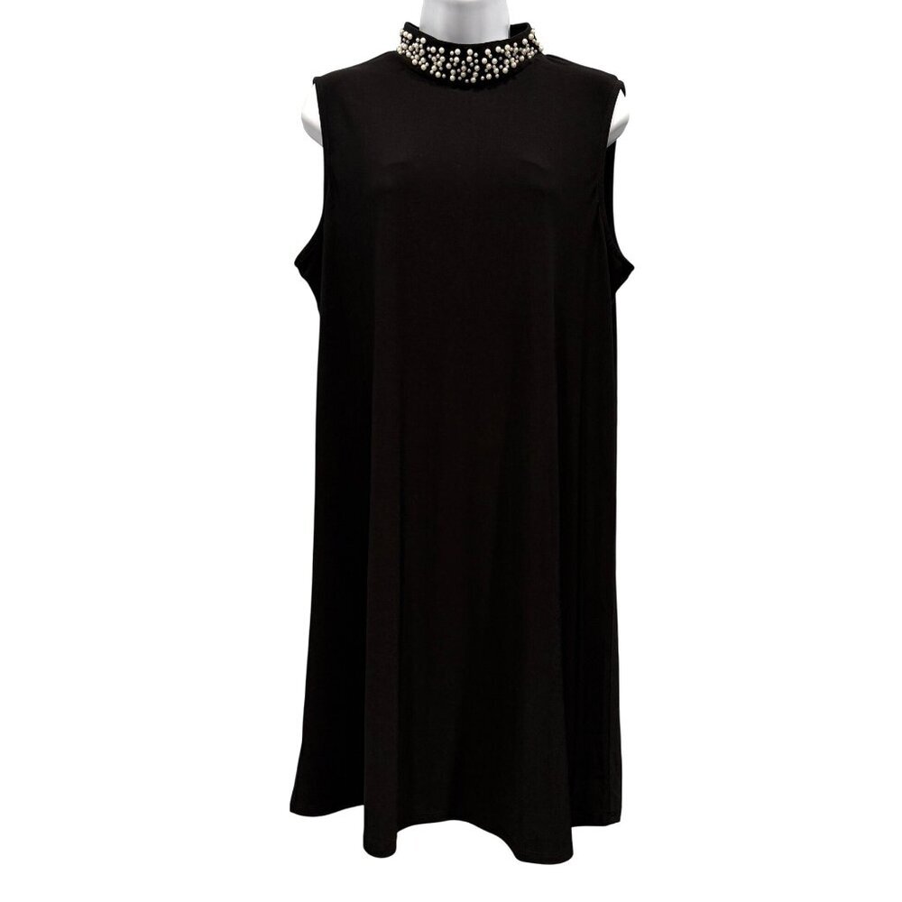 Cato‎ Black Pearl Beaded High Neck Jersey Stretch Mini Shift Dress Party Size L